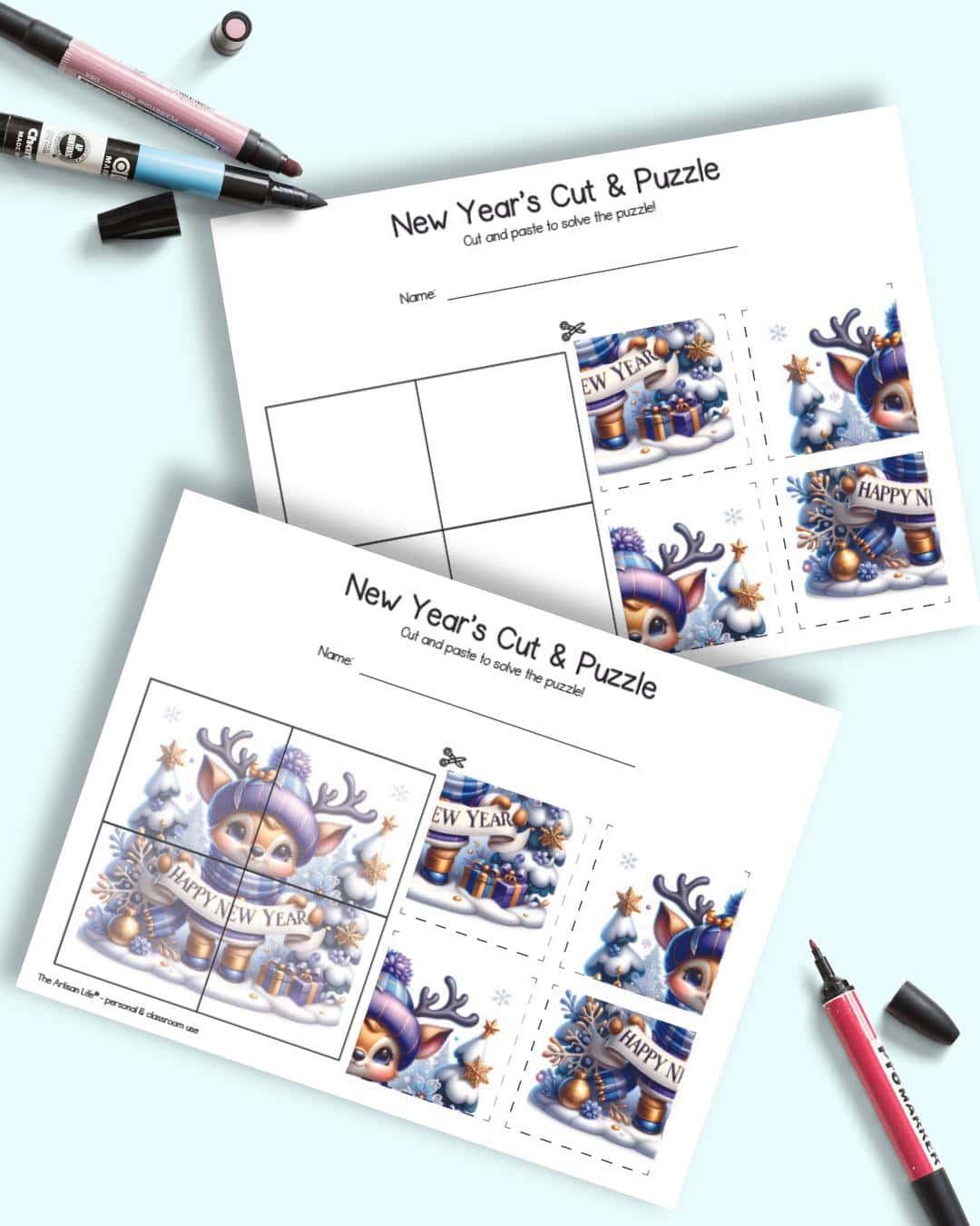 Two printable four part puzzle pages with a cute deer holding a banner reading "Happy New Year"