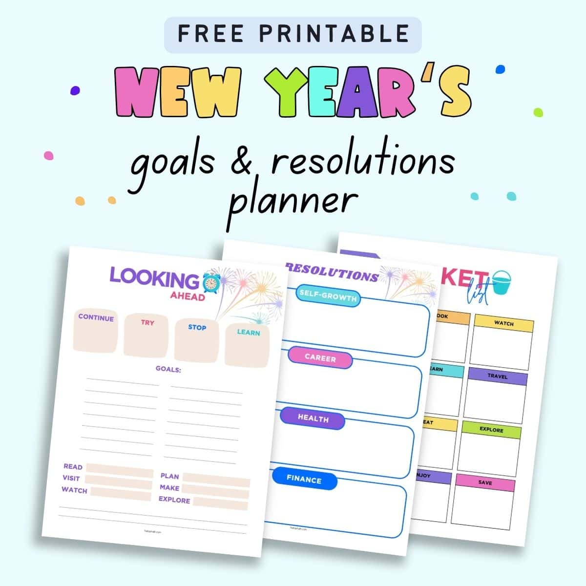 Text "free printable New Year's goals and resolutions planner" with a preview of three pages of goal planners
