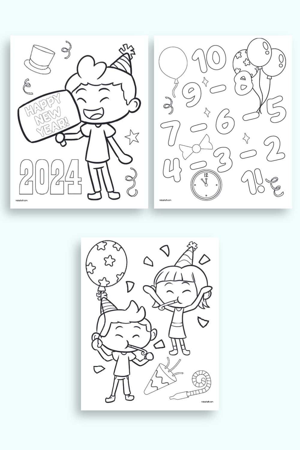 A preview of three New Year's Eve themed coloring pages for kids