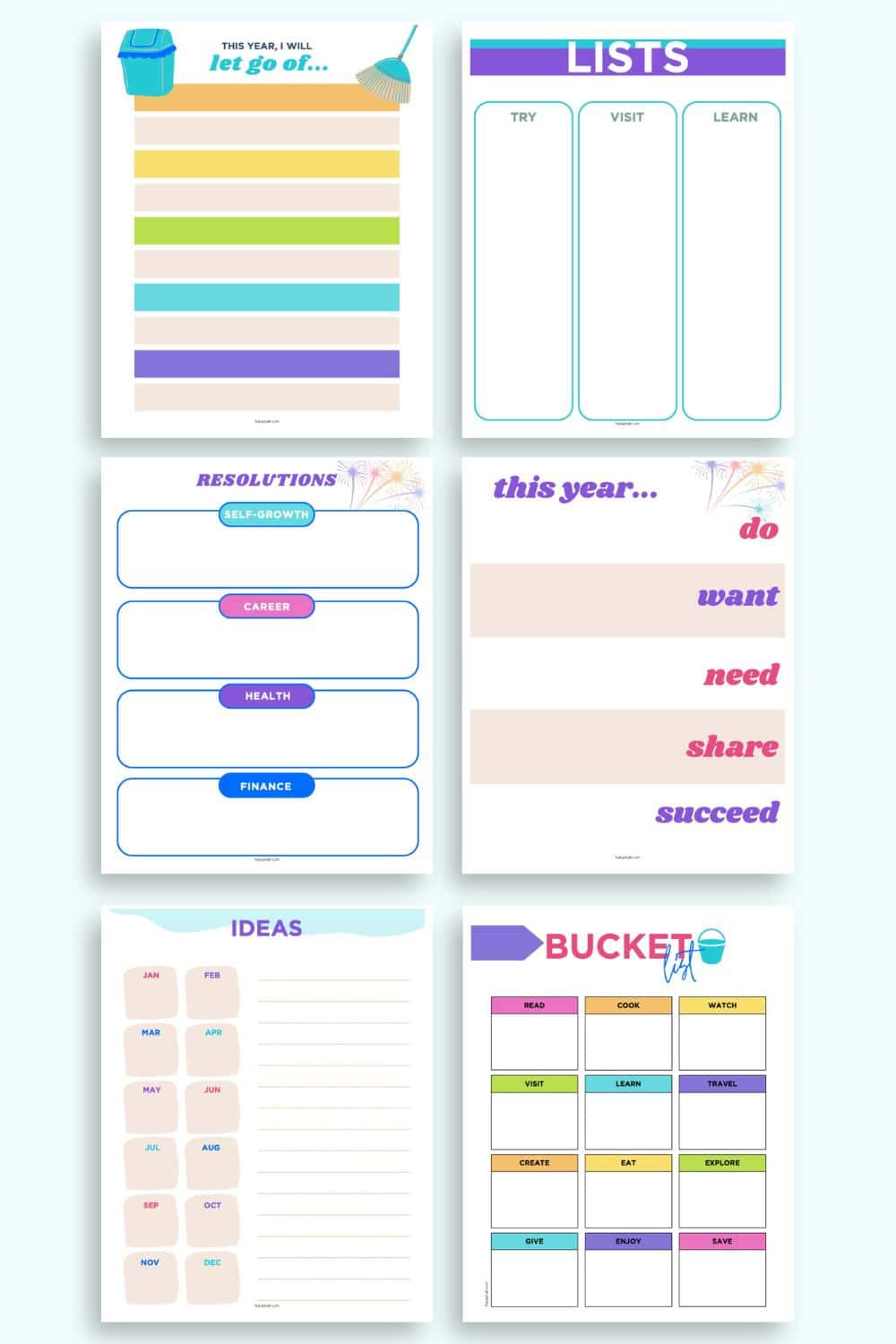 A preview of six goals planer pages including: Lists 

try, visit, and learn

Letting go 

things to stop doing for personal growth

New Year's resolutions worksheet by category

"This year..." (do, want, need, share, succeed

Ideas for each month of the following year 

Bucket list