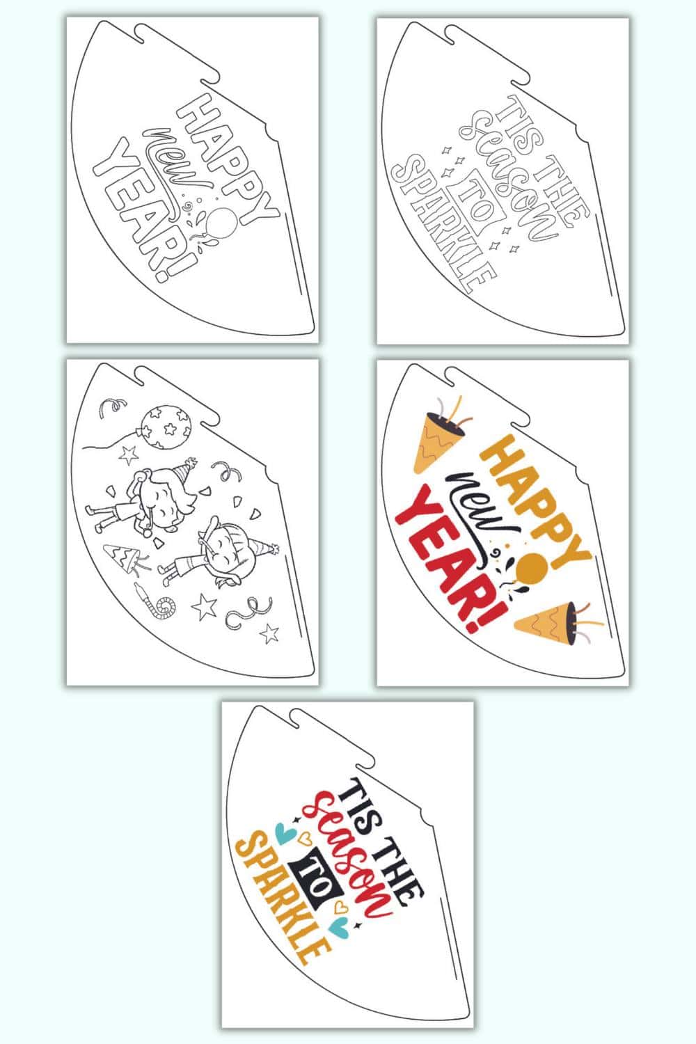 A preview of five pages of printable New Year's party hat. Three are in black and white and two are in color.