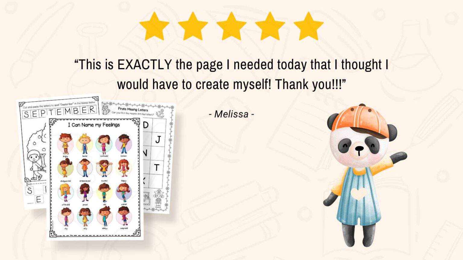 Five stars and the text "“This is EXACTLY the page I needed today that I thought I would have to create myself! Thank you!!!”"