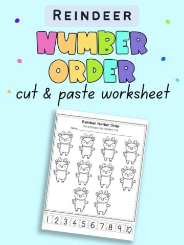 text "reindeer number order cut and paste worksheet" with a preview of the page