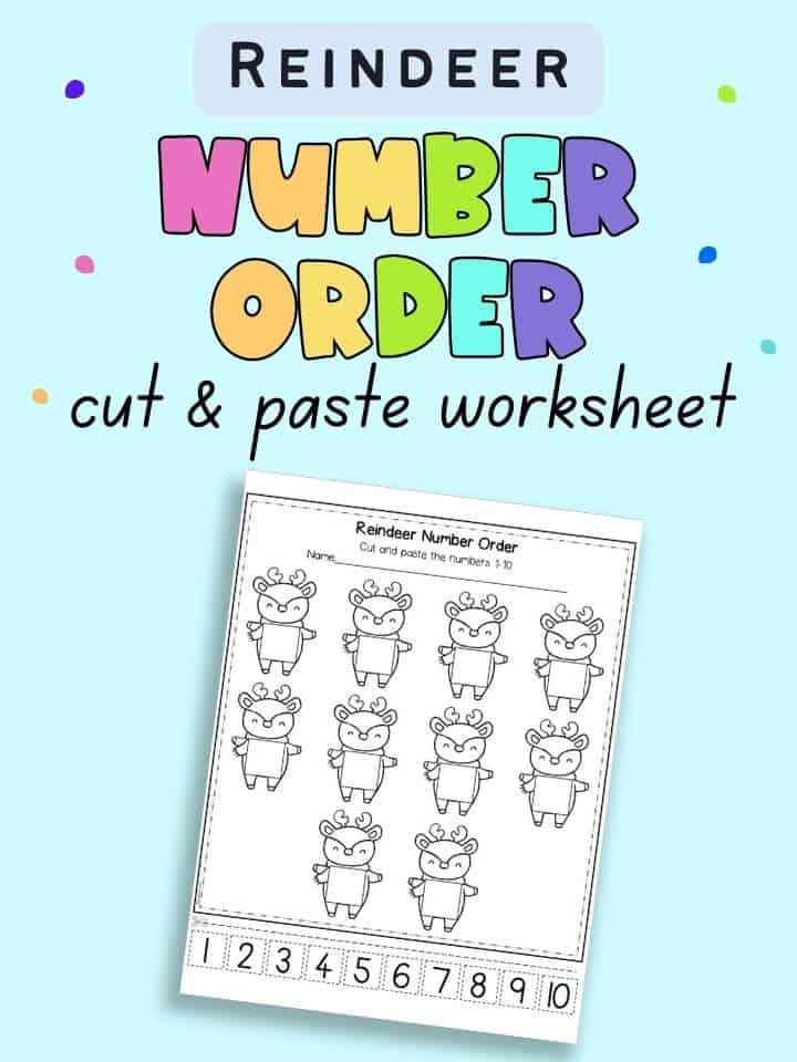 Text "reindeer number order cut and paste worksheet" with a preview of the kindergarten math worksheet with numbers 1-10