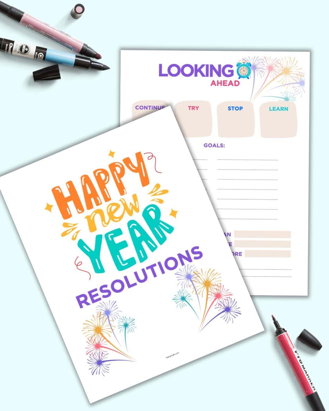 A mockup preview of two pages. One says "happy new year resolution" and the other is a goals planner page called "looking ahead"