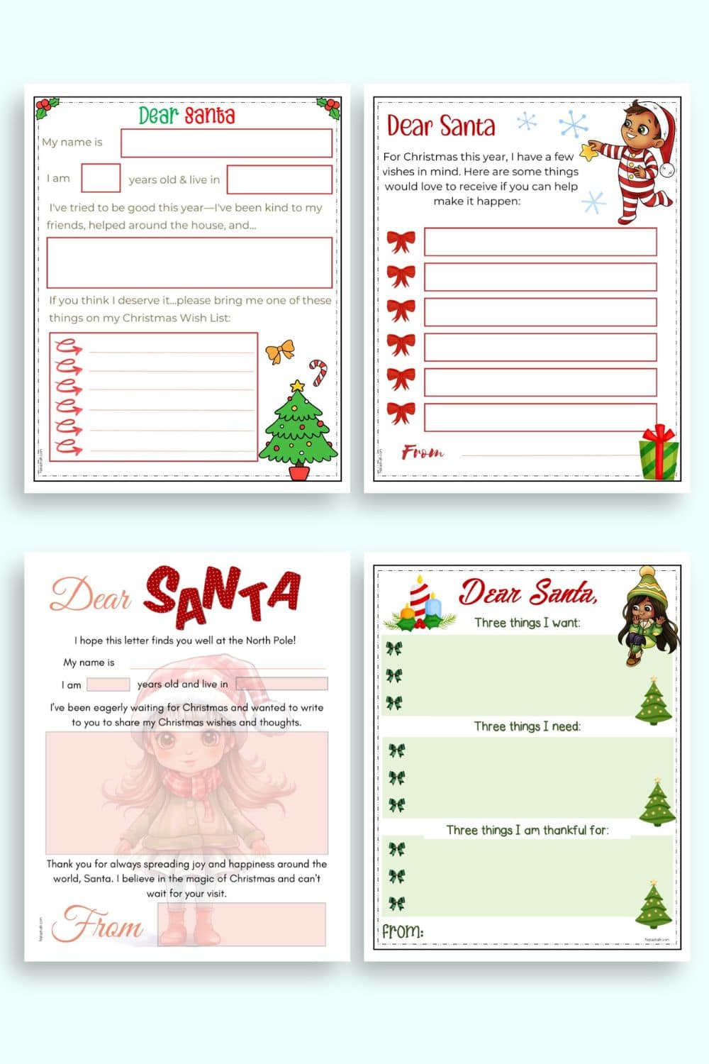 A preview of six Santa letter templates with spaces for a child to fill in the blank. 