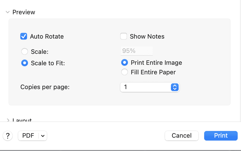 A print dialog box showing scale to fit: print entire image