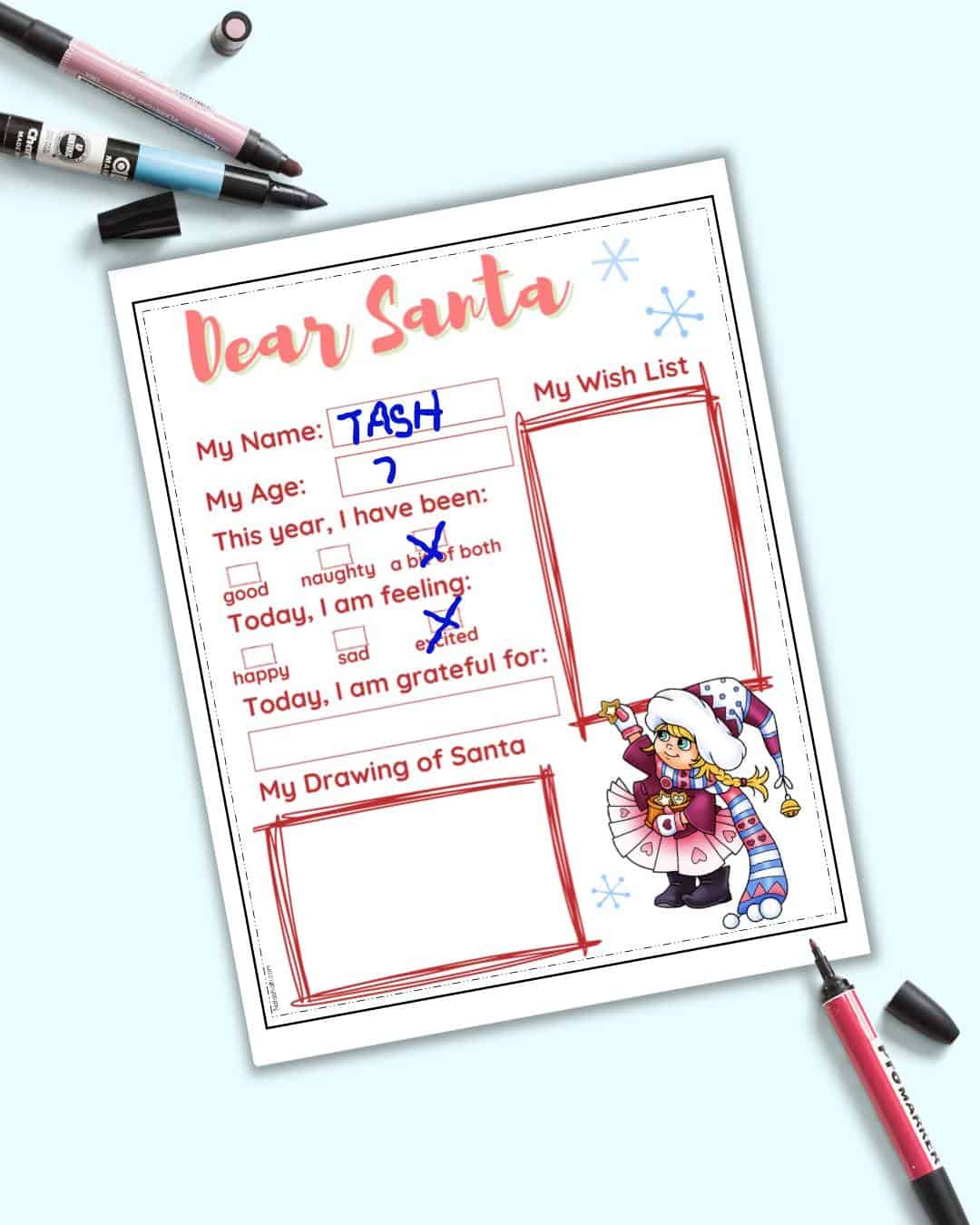 A top down mockup of a Santa letter printable filled in with "My name is Tash, My age: 7. "