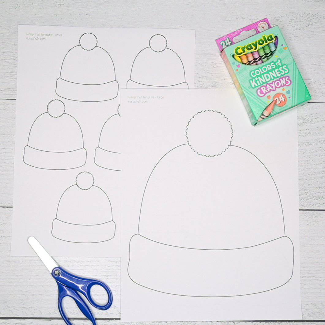 A top down photo of two pages of printable winter hat template