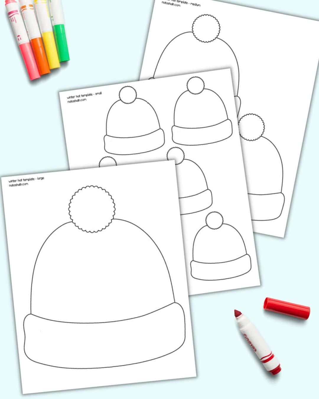 a preview of three printable winter hat templates. One is a full page size, another is six to page, and the final one is two to a page.