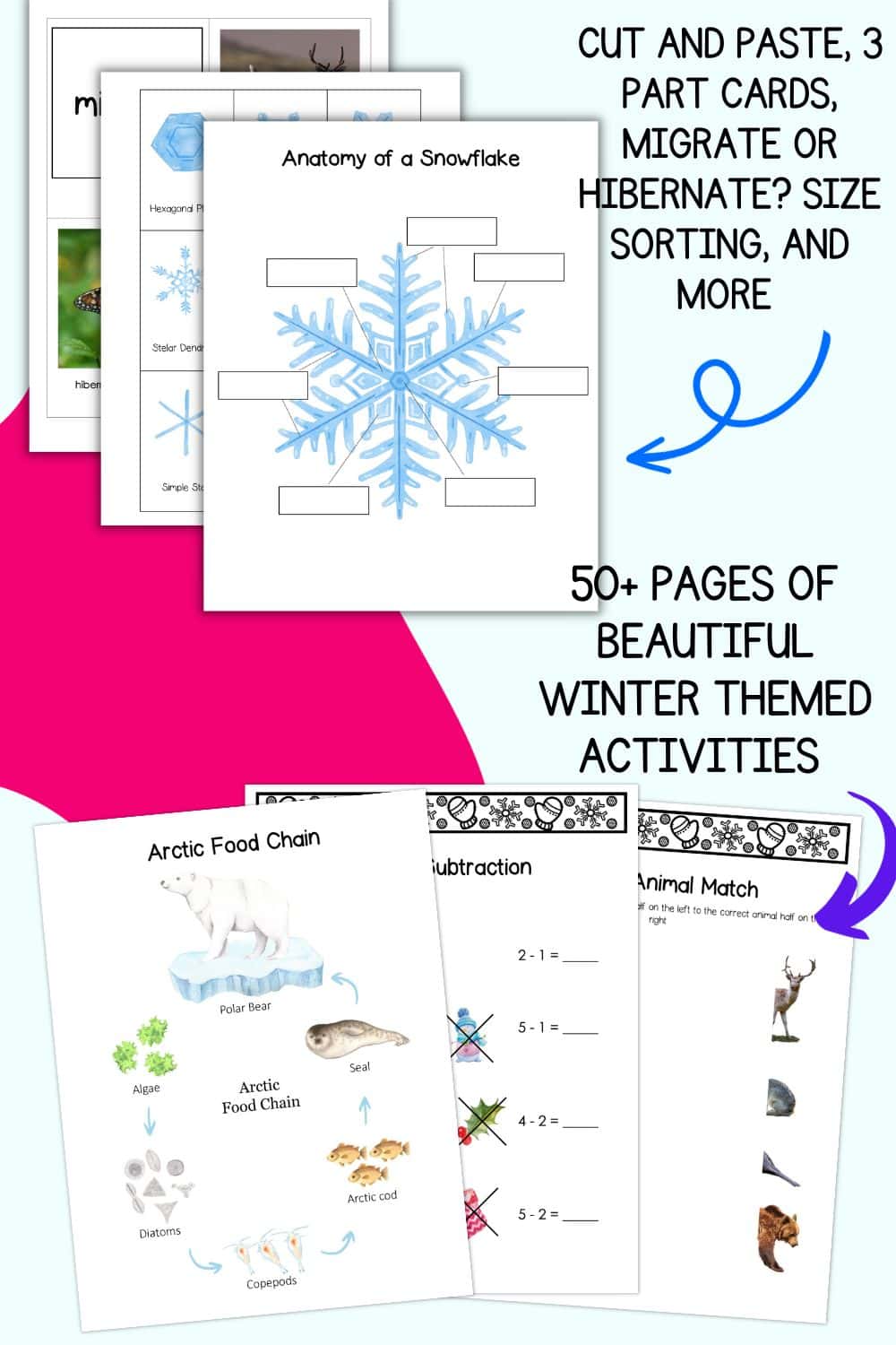 Text "cut and paste, 3 part card, migrate or hibernate? size sorting and more" and "50+ pages of beautiful winter themed activities" with a preview of six pages of Montessori-inspired winter activity pages