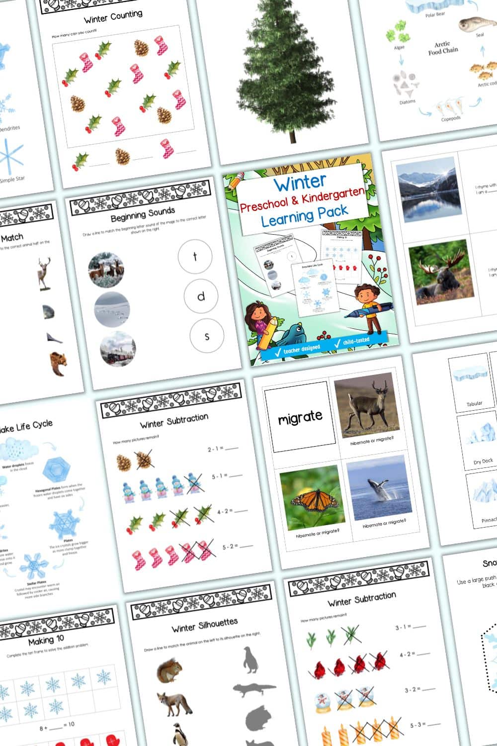 A preview of 16 pages of winter themed activities for prek and kindergarten students