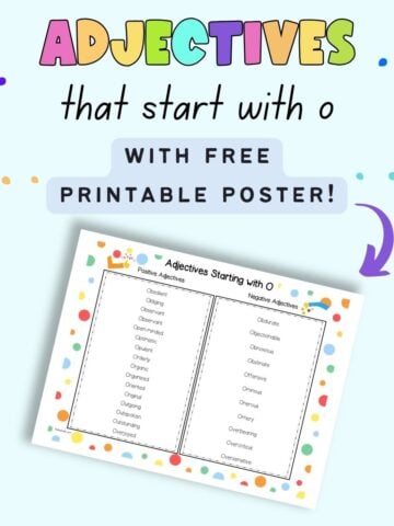 Text overlay "adjectives that start with o with fre printable poster" and a preview of a poster with adjectives