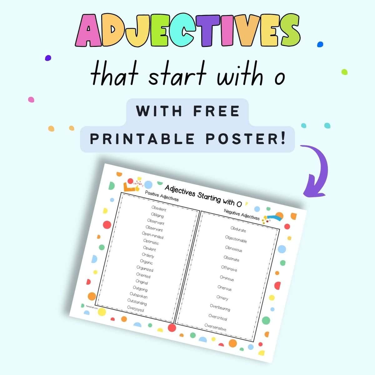 Text overlay "adjectives that start with o with fre printable poster" and a preview of a poster with adjectives