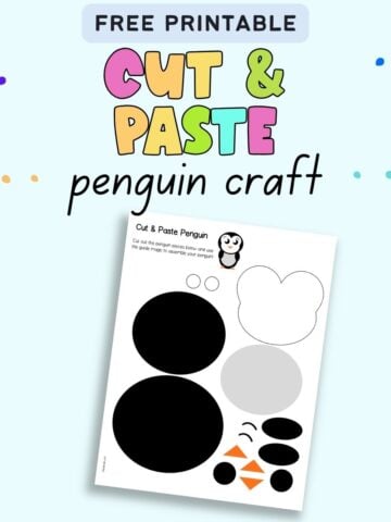 Text "free printable cut and paste penguin craft" with a preview of a printable penguin craft template