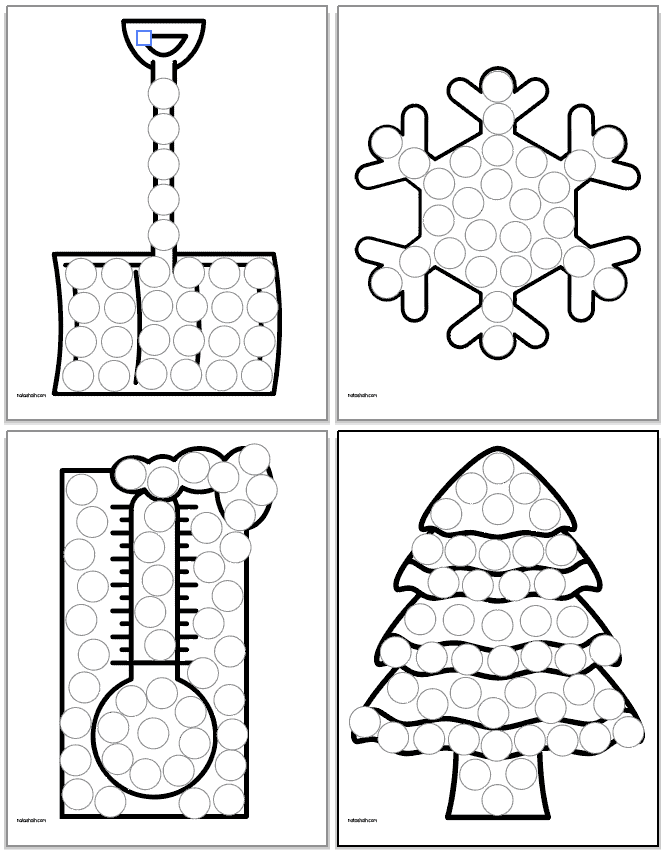 A preview of four winter themed dot marker pages for children. Images include: a snow shovel, a snow flake, a thermometer, and a tree with snow