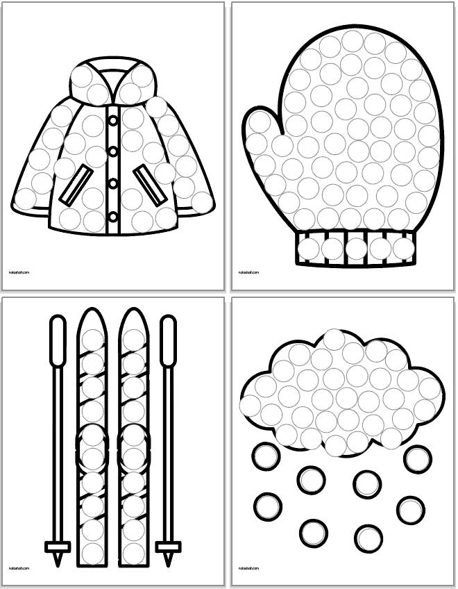 A preview of four winter themed dot marker pages for children. Images include: a jacket, a mitten, skiis, and a snow cloud