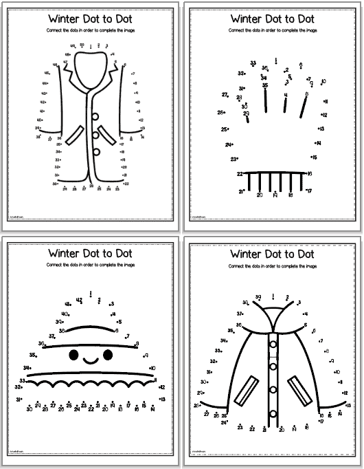 Four winter dot to dot pages for kids including: a coat, a glove, a hat, and a jacket