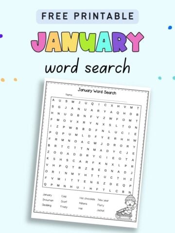 Text "free printable January word search" with a preview of a word search printable
