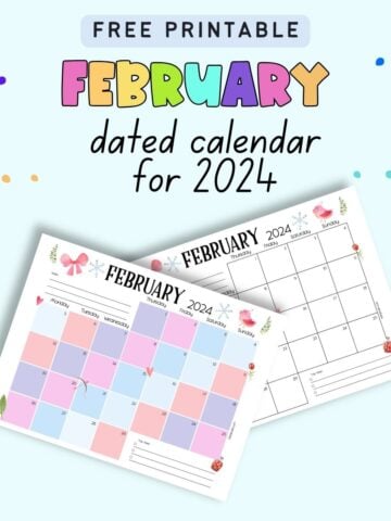 Text "free printable February dated calendar for 2024" with a preview of two dated calendar pages