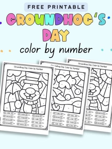 Text "free printable Groundhog's Day color by number" with a preview of three pages of color by number worksheet for kindergarteners