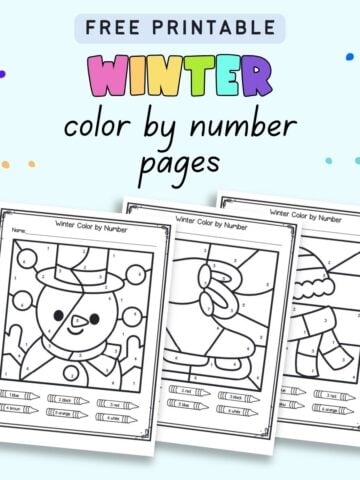 Text "free printable winter color by number pages" with a preview of three pages of color by number worksheets