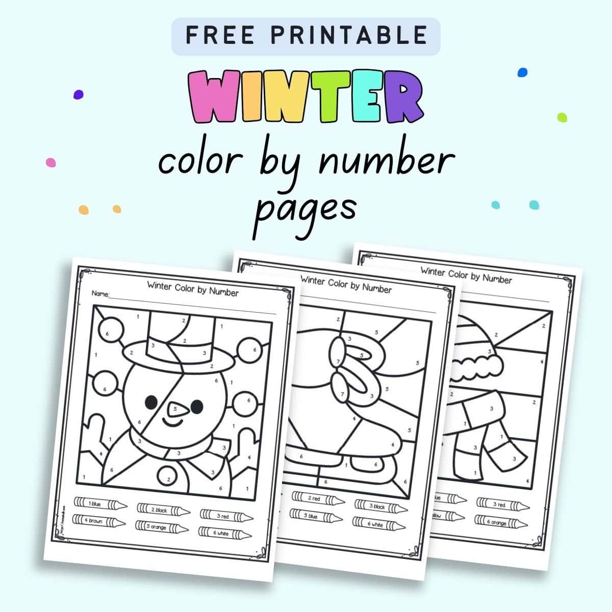 Text "free printable winter color by number pages" with a preview of three pages of color by number worksheets