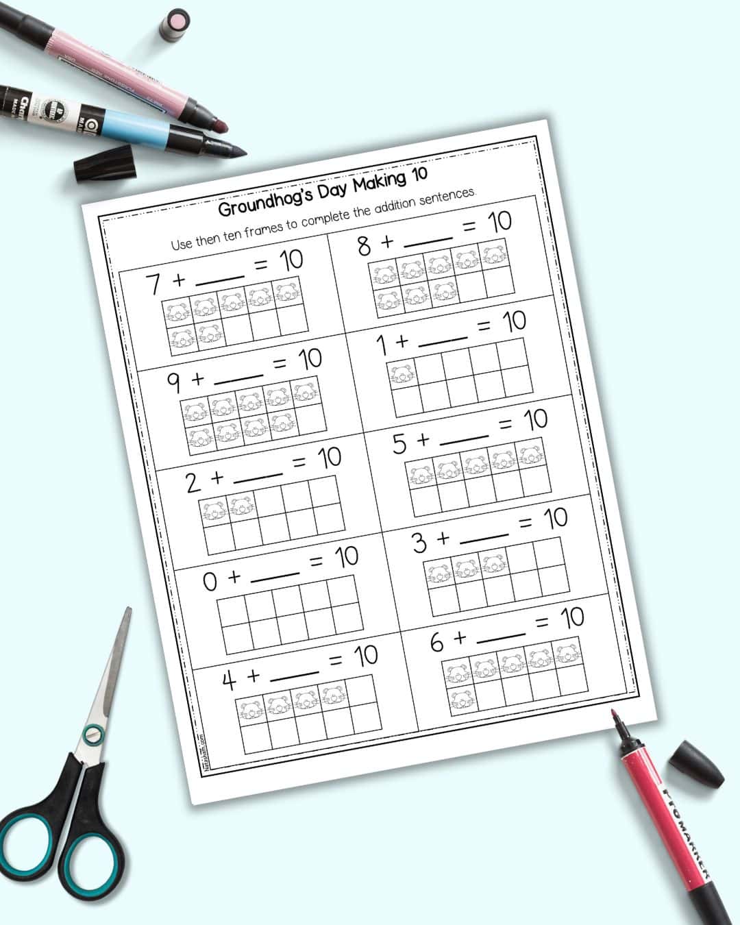 A preview of a Groundhog's Day themed making 10 worksheet with 10 frames