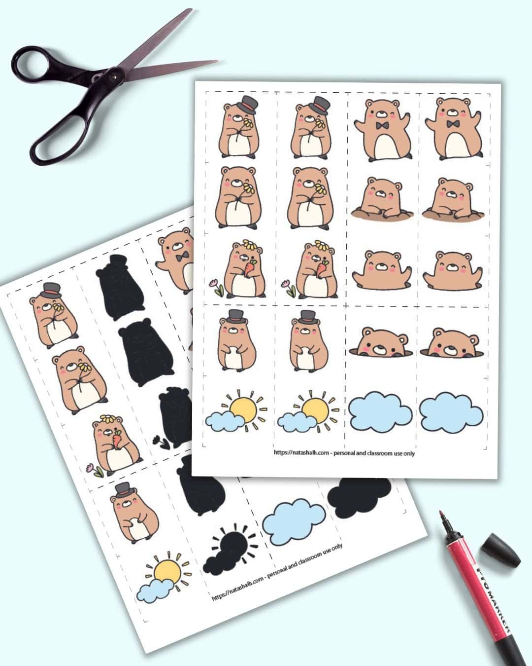 A preview of two pages of printable Groundhog's Day themed matching cards. Each page has 10 pairs of matching card to cut out. One page has "regular" matching cards and the other has shadow matching cards.