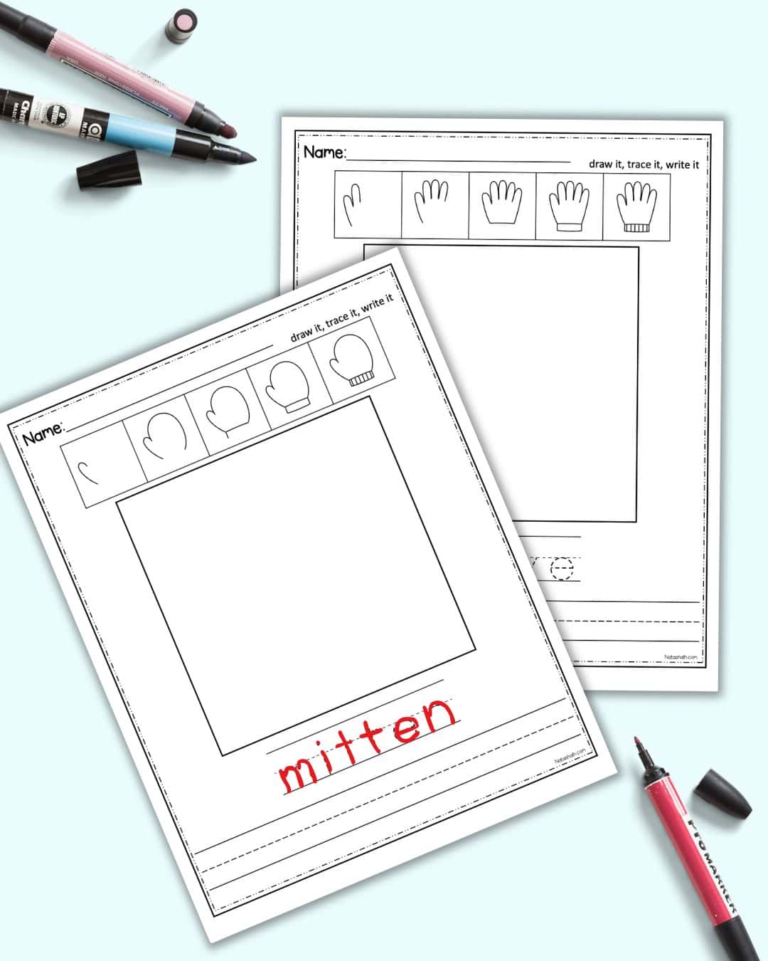 A directed drawing worksheet with a mitten and the word "mitten" grades over a dotted trading font