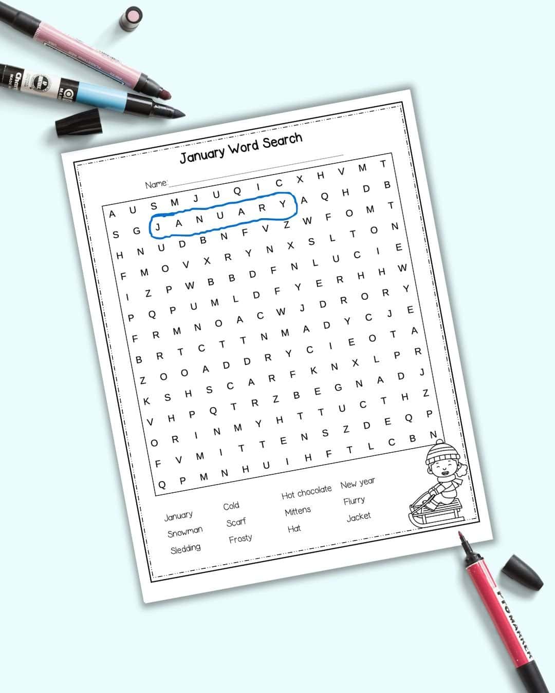 A preview of a January word search printable with the word "january" circled in blue
