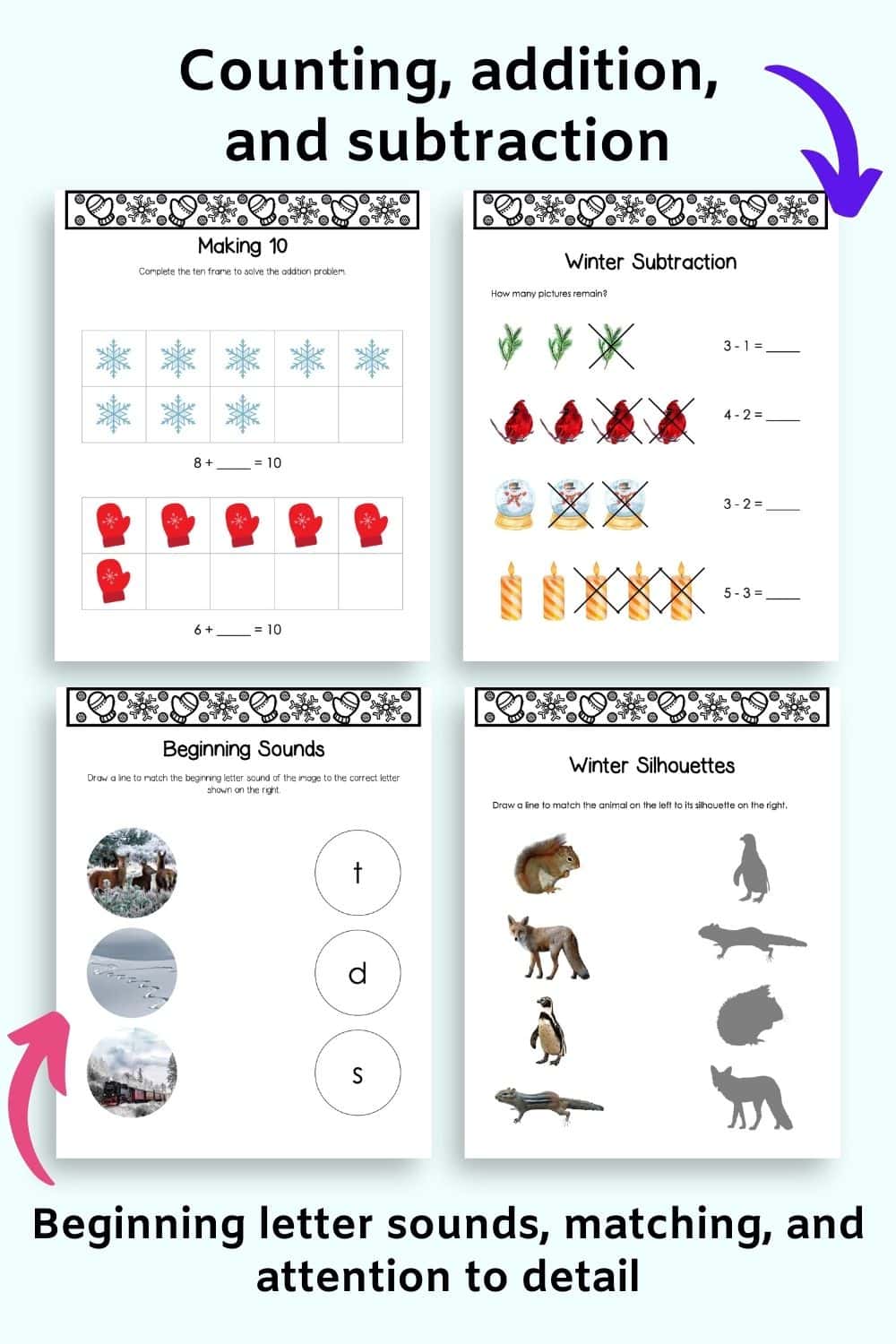 Text "counting, addition, and subtraction" and "beginning letter sounds, matching, and attention to detail" with a preview of four activity pages