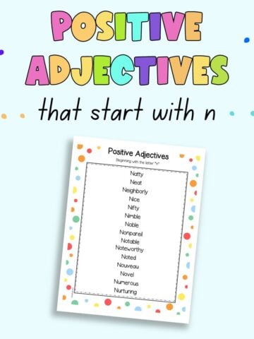 Text "positive adjectives that start with n" and a preview of a poster with positive adjectives starting with letter n