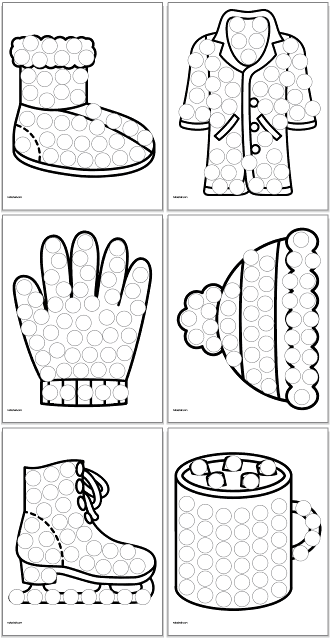 A preview of six winter themed dot marker pages for children. Images include:  a boot, a coat, a glove, a hat, an ice skate, and hot chocolate
