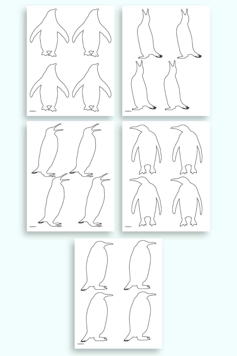 A preview of five pages of small penguin outline template. Each page has four penguins.