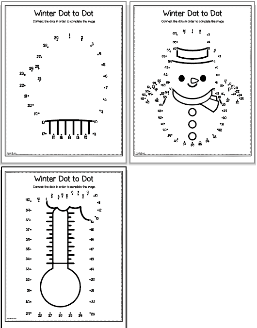 Three winter dot to dot pages for kids including: a mitten, a snowman, and a thermometer