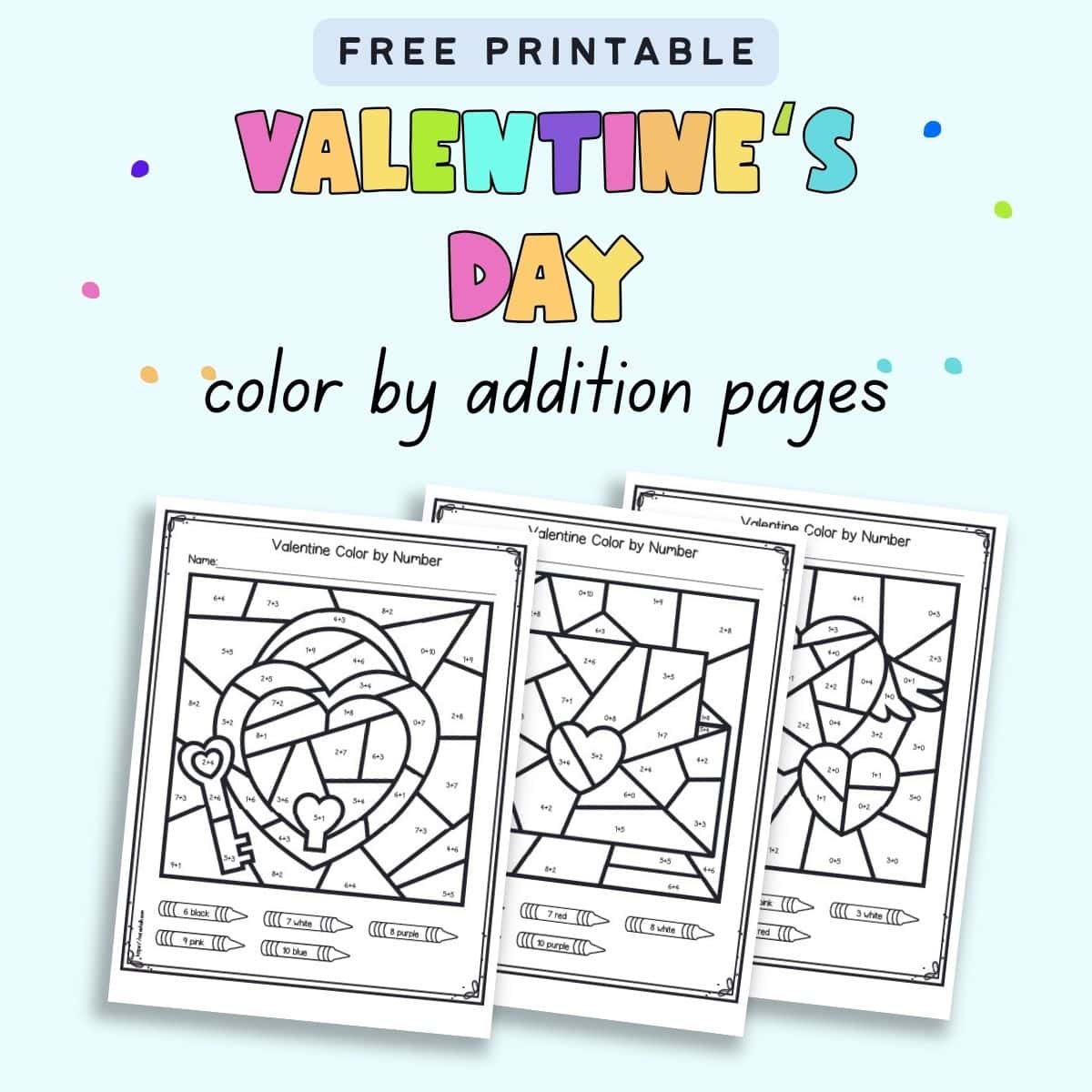 Text "free printable Valentine's Day color by addition pages" with a preview of three color by code addition pages