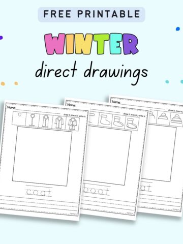 Text "free printable winter directed drawings" with a preview of directed drawing worksheets for a coat, a boot, an d ahat