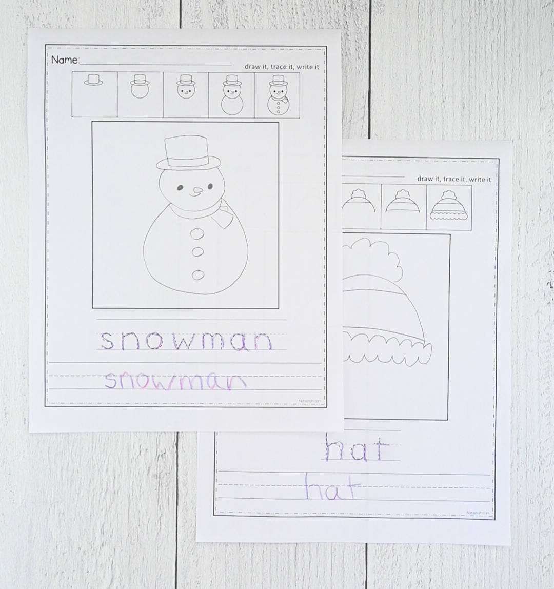A photo with a snowman and a winter hat directed drawing printable