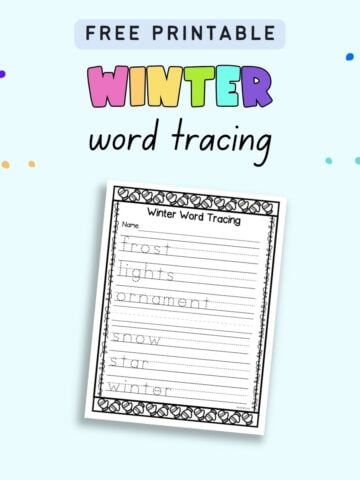 Text "Freee printable winter word tracing" with a preview of a word tracing worksheet