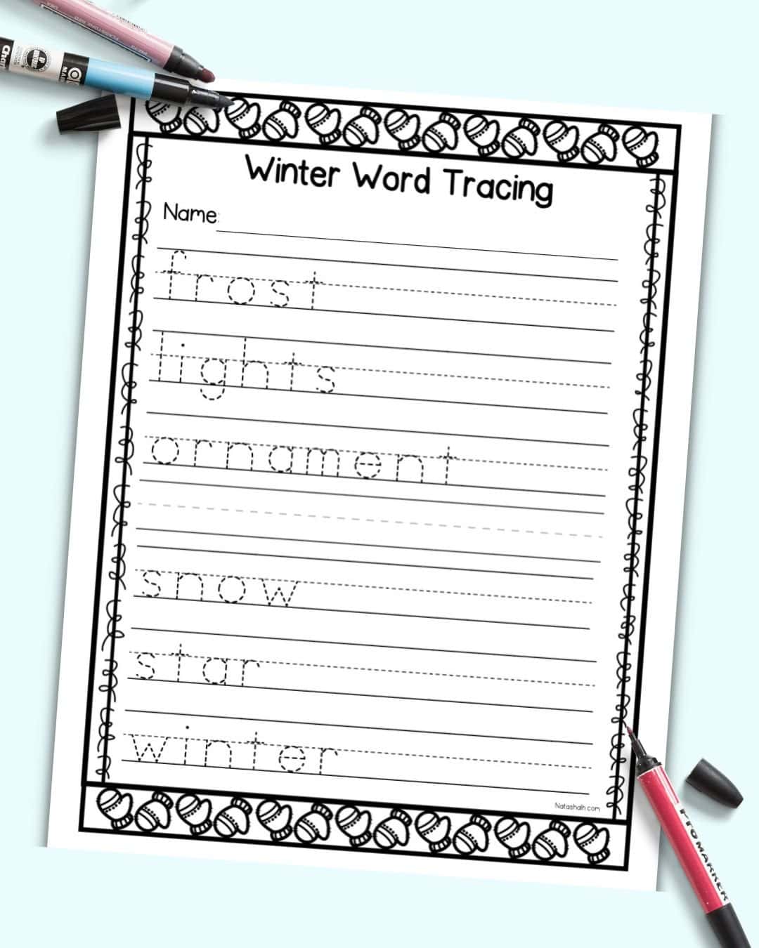 An image of a winter word trying worksheet for kindergarten and first grade with six winter themed words to trace