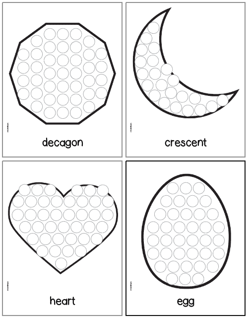 Four dot marker pages with 2d shapes: decagon, crescent, heart, and egg