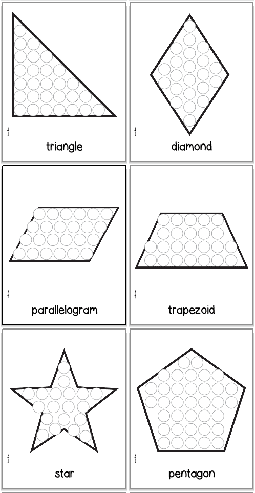 Six dot marker pages with 2d shapes: triangle, diamond, parallelogram, and trapezoid 