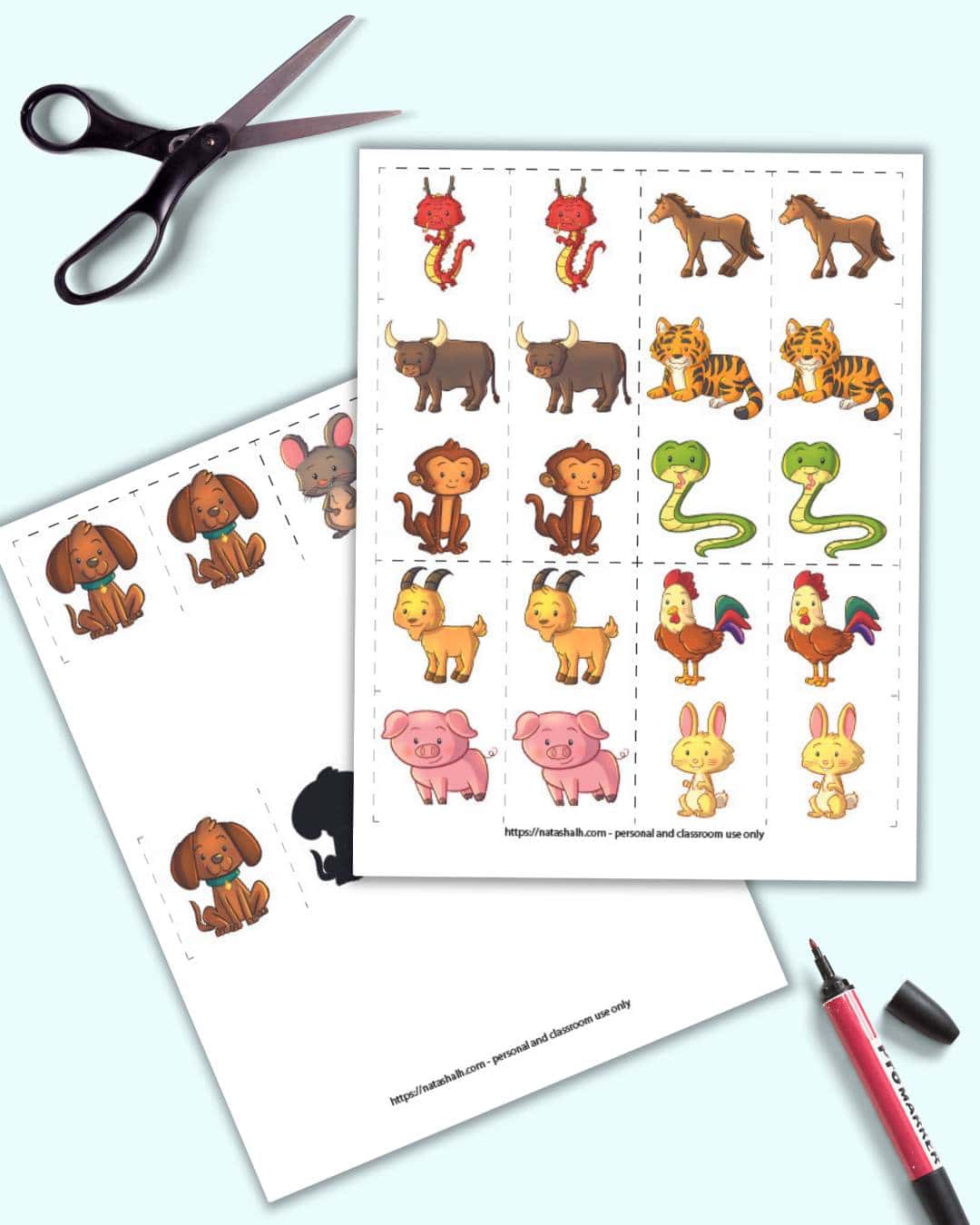 A preview of two pages of printable matching games for preschoolers featuring the animals of the Chinese zodiac