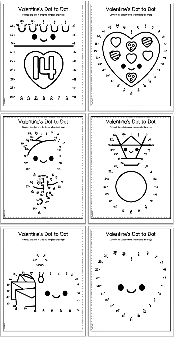A preview of six Valentine's Day dot to dot worksheets for kindergartens. Images include: a calendar, a heart donut, balloons, a ring, a mailbox, and a heart