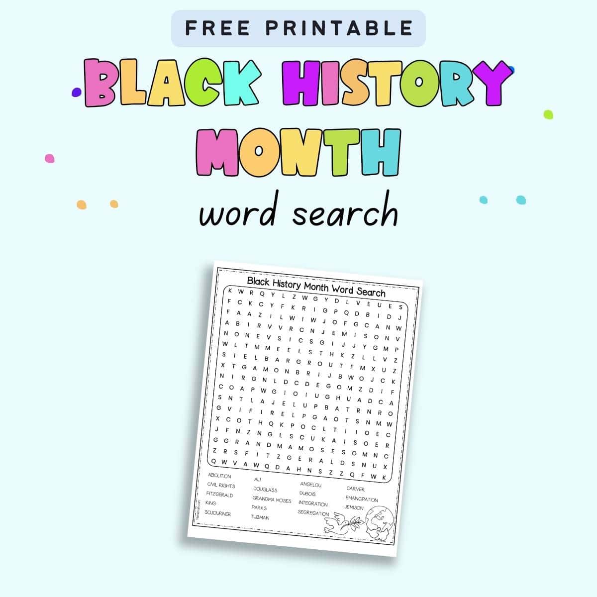 Text "free printable black history month word search" with a preview of a word search puzzle