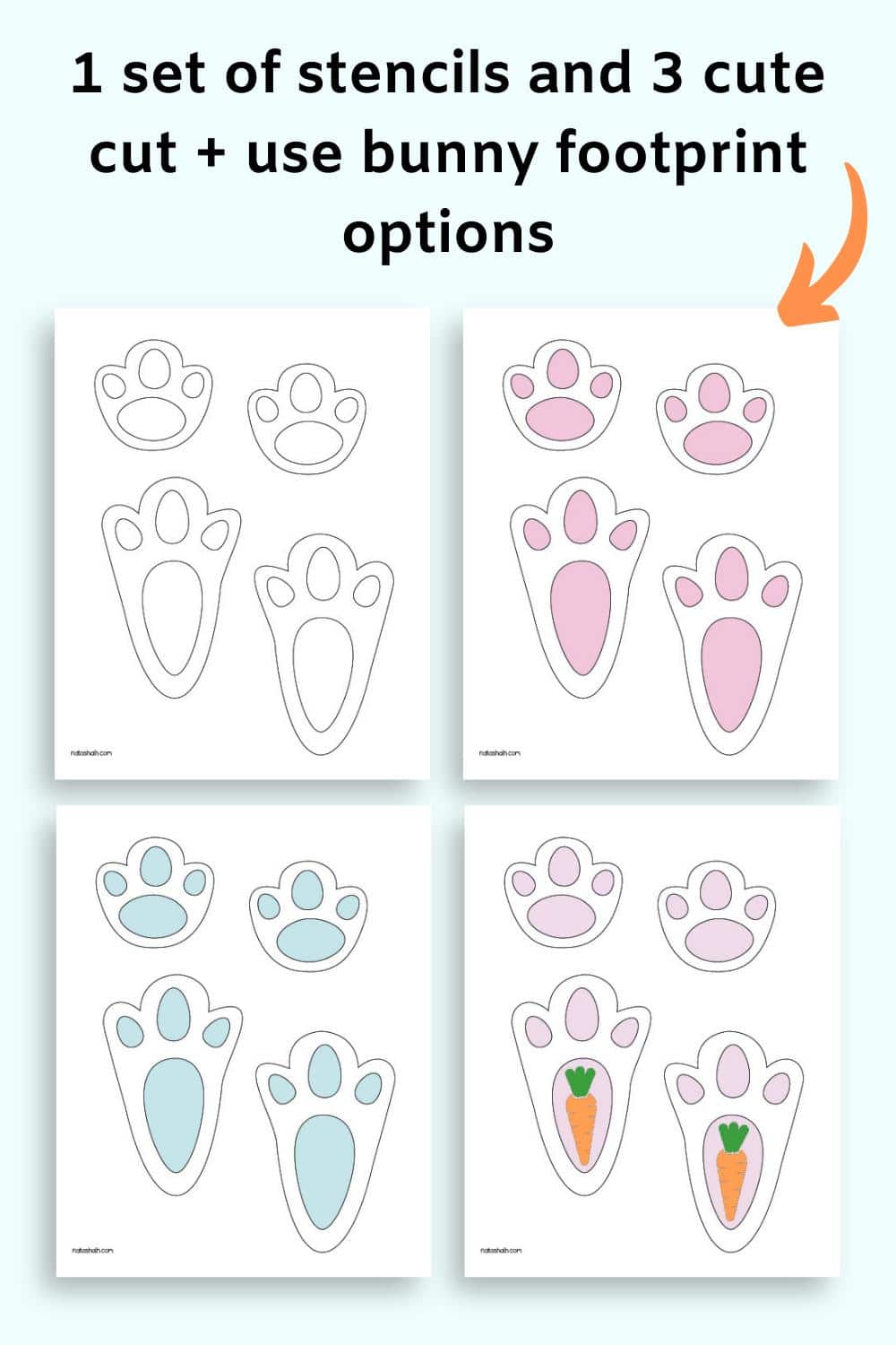 Text "1 set of stencils and 3 cute cut + use bunny footprint options" with a preview of four bunny footprint stencils