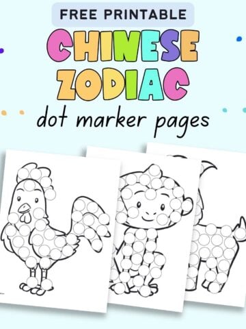 Text "free printable Chinese zodiac dot marker pages" with a preview of dot painting pages with a rooster, a monkey, and a goat
