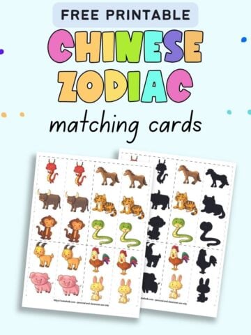 Text "free printable chinese zodiac matching cards" with preview of two page of printable matching cards