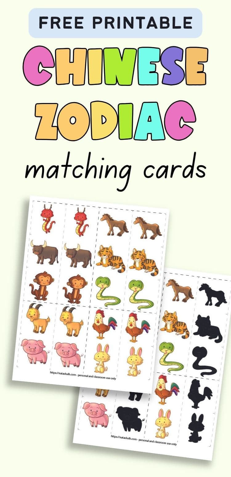 Text "free printable Chinese zodiac matching cards" with a preview of two pages of printable matching cards